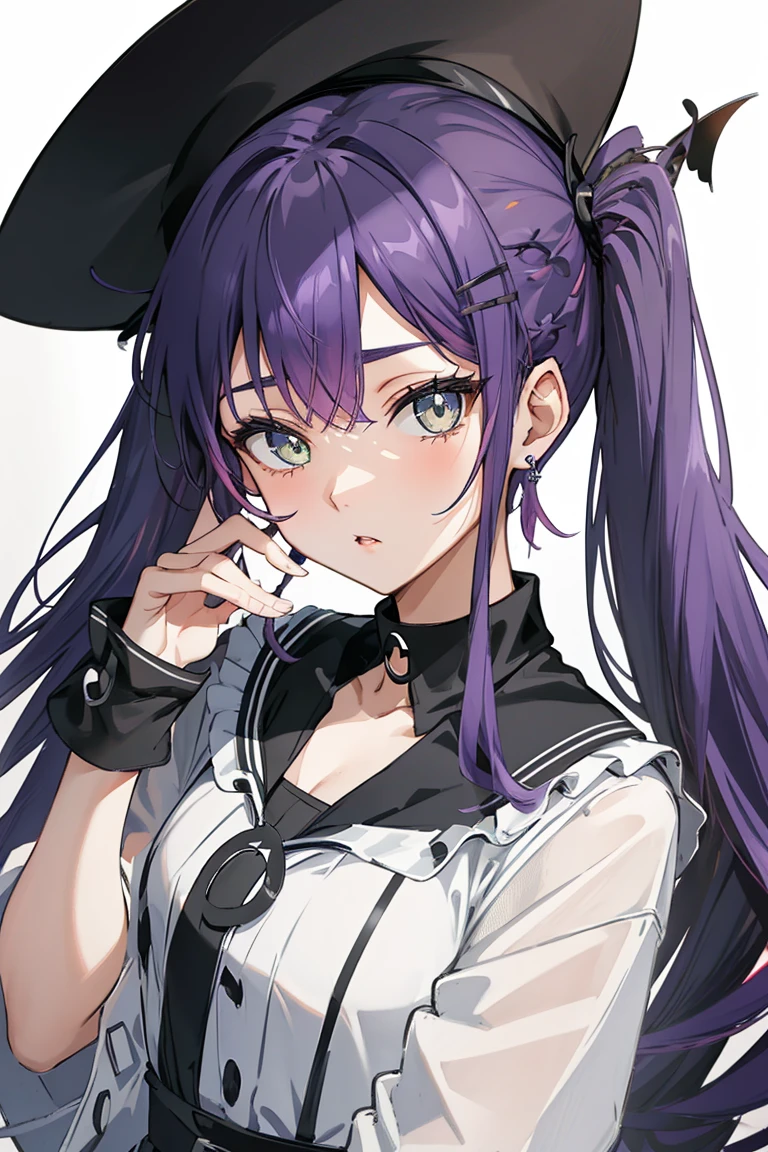 (Ultra-high resolution,masterpiece, Attention to detail, Highest quality), 8k,(Atwa, Long Hair, Twin tails, Purple Hair,Black Hat, Hair Clip, Earrings, Devil&#39;s Tail, Black choker, Off the shoulder,White jacket, Black shorts,whole body ),((City of night,Stand on top of a tall building,Ready your gun?)),(Blessed,Captivating body、Ultra-detailed skin、Very beautiful eyes、Detailed Background),One Girl、 (Cool expression,cool)