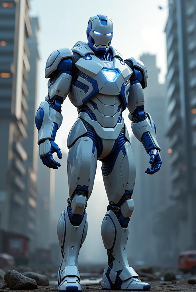 Iron Man ALL white and blue armor, inspired by the city dark, ultrarealistic, Full HD, 8k, 9:16, realism