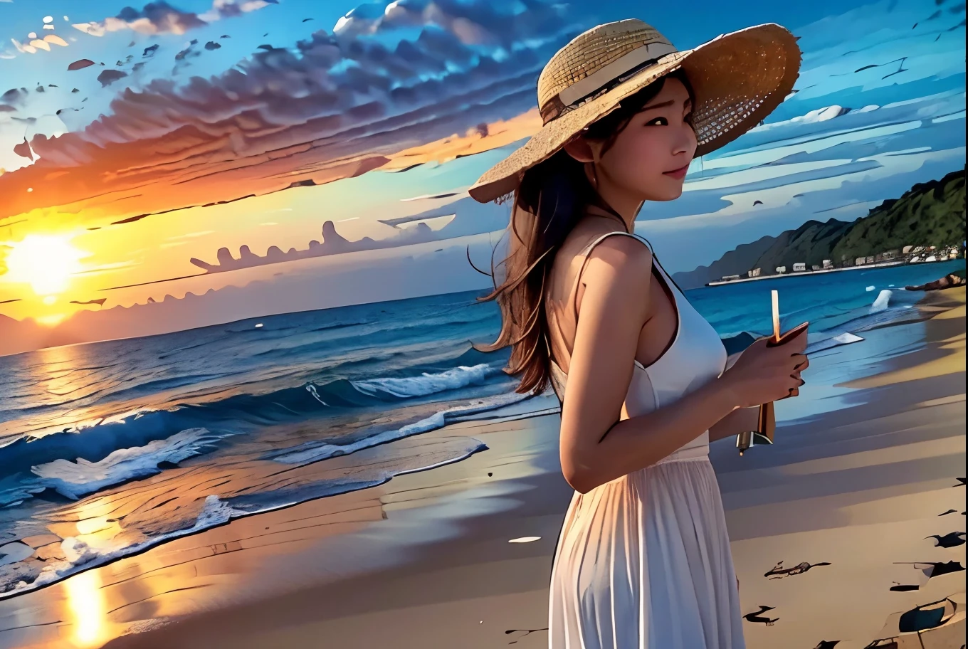 Late summer sunset、A woman wearing a white dress、Long Hair、He is holding a straw hat in his right hand、Japanese、Only one person、No sleeve、Standing on a beach with the ocean in the background、whole body、The landscape is completely dyed red、Ships in the distance、Big Sunset、Nostalgic