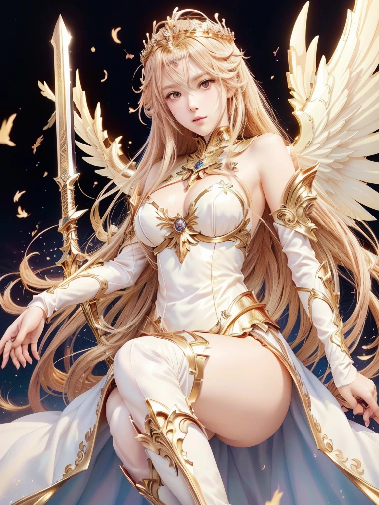 anime - style image of a woman with a sword and wings, anime goddess, angel knight girl, angelic golden armor, full - body majestic angel, knights of zodiac girl, as a mystical valkyrie, ((a beautiful fantasy empress)), portrait knights of zodiac girl, high detailed official artwork, detailed key anime art, detailed anime art, cushart krenz key art feminine