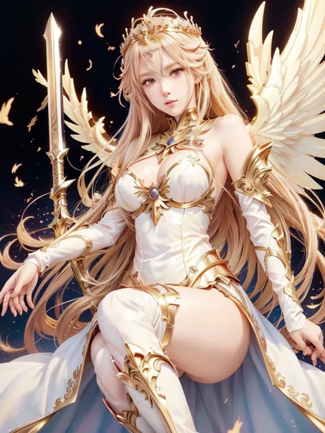 anime - style image of a woman with a sword and wings, anime goddess, angel knight girl, angelic golden armor, full - body majes...