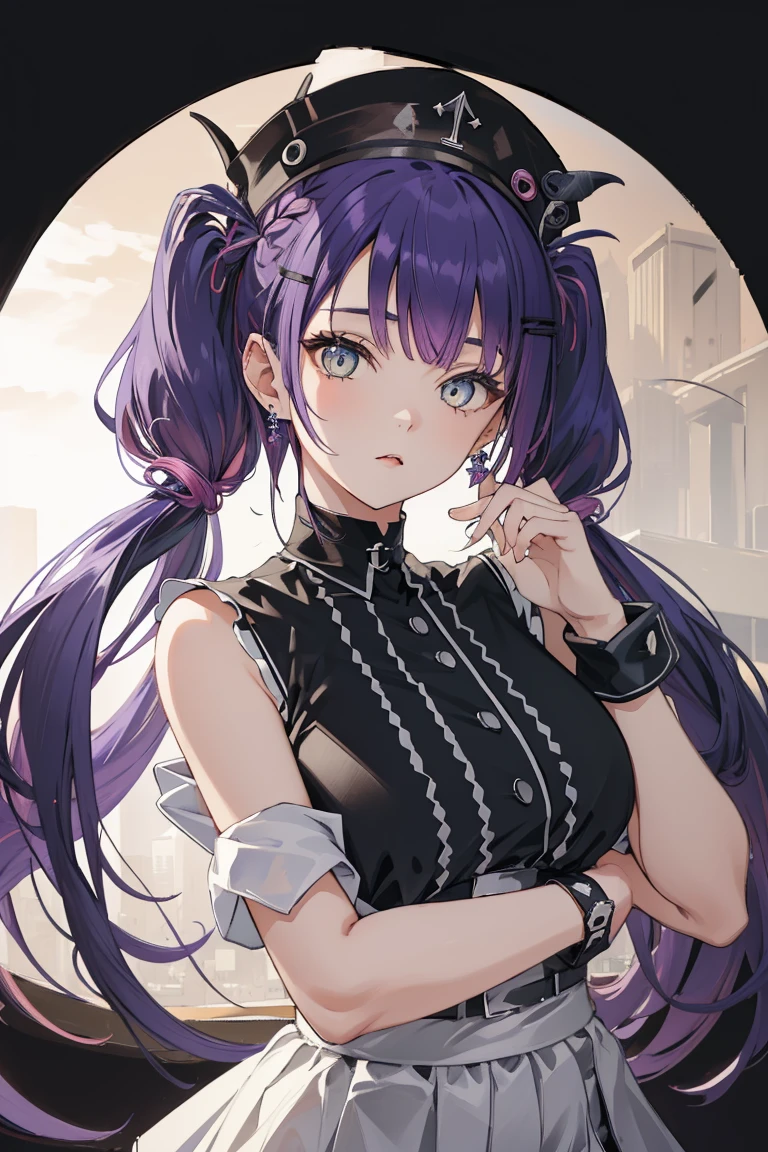 (((Ultra-high resolution,masterpiece, Attention to detail, Highest quality,whole body))), 8k,(Atwa, Long Hair, Twin tails, Purple Hair,Black Hat, Hair Clip, Earrings, Devil&#39;s Tail, Black choker, Off the shoulder,White jacket, Black shorts),((City of night,Stand on top of a tall building,Ready your gun?)),(Blessed,Captivating body、Ultra-detailed skin、Very beautiful eyes、Detailed Background),One Girl、 (Cool expression,cool)