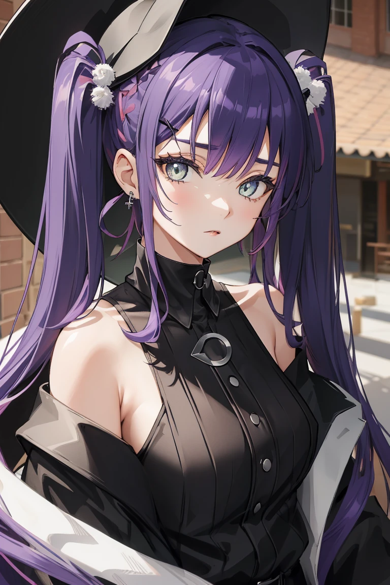 (((Ultra-high resolution,masterpiece, Attention to detail, Highest quality,whole body))), 8k,(Atwa, Long Hair, Twin tails, Purple Hair,Black Hat, Hair Clip, Earrings, Devil&#39;s Tail, Black choker, Off the shoulder,White jacket, Black shorts),((City of night,Stand on top of a tall building,Ready your gun?)),(Blessed,Captivating body、Ultra-detailed skin、Very beautiful eyes、Detailed Background),One Girl、 (Cool expression,cool)