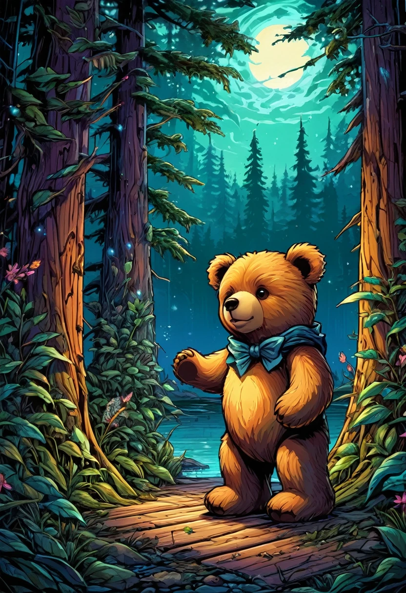 Teddy Bear, outdoor, by dan mumford.
(best quality, masterpiece), very aesthetic, perfect composition, intricate details, ultra-detailed, vivid colors