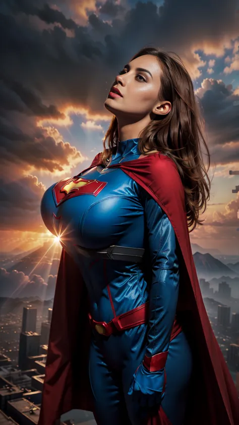 a female with huge breasts wearing a blue superhero suit with a red cape, flying high in the sky and poised in a confident stanc...