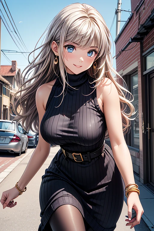 Girl posing for a photo, animeのcute女の子, ((One Girl)), ((Baby Face:1.3)) + ((cute:1.3)), 
BREAK 

((Black knit sweater long dress:1.4) : ((Sleeveless high neck)) + ((Golden belt fits snugly around the waist)) + (Shiny)) + ((Sheer black pantyhose)) + (Black mule), 
((Red earrings)), ((Silver Necklace)), ((fancy gold bracelet)), 
BREAK 

((Blonde:1.2)), ((Long side bangs:1.5)), ((Long Hair) : Wavy Hair + Fuller Hair + Voluminous Hair + Curly hair), 
(Eyes with drooping corners of the eyes:1.4), (Big eyes:1.4), (blue eyes), 
((Small breasts:1.2)), 
(White skin), (boyish), 
BREAK 

((noon, Sunlit residential area, Sidewalk, blue sky)), 
((Wicked Smile, blush)), 
((Walk with big, energetic strides、Swing your arms naturally、Bright and energetic pose)), 
((Angle from the front)), ((Character Focus)), ((Cowboy Shot)), 
BREAK 

(Slim figure), (Symmetrical facial features), 
(Detailed Hair), (Beautiful Hair), (Shiny Hair), 
(double eyelid), (Long eyelashes), (Thin eyebrows:0.5), 
(Shiny目), (Detailed eyes), (Beautiful Eyes), (Delicate eyes), (Perfect Eyes), (Sparkling eyes), (Eye Reflexes), (Glitter Eyeliner), 
(Human Ear), 
(Beautiful Nose), (Thin Nose), 
(Shiny唇), (Beautiful Lips), (Thick lips), 
(Shiny肌), (Detailed skin), (Fine skin), (Beautiful Skin), (Oily skin), 
BREAK 

(((Highest quality)), ((masterpiece:1.3)), ((Very detailed))), ((Ultra-high resolution)), ((16K)), ((1080P)), ((Full HD)), 
(Anatomically correct), ((Realistic)), (3DCG), ((Oil painting)), 
((comics, anime)), (CG illustration), (RAW Photos), 
