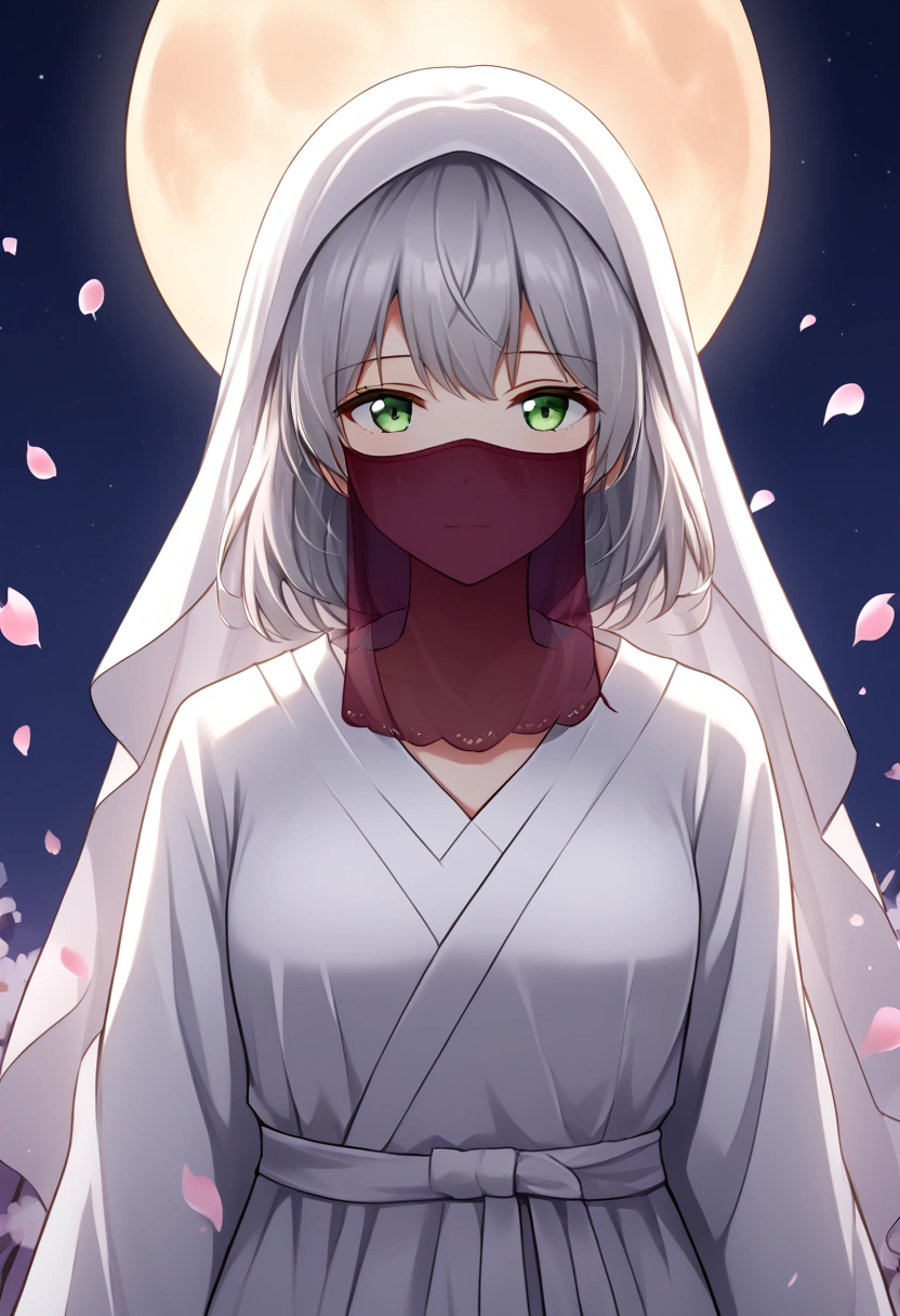 Strong female, green eyes, short silver hair, white robe, fov, f/1.8, masterpiece, (veil, mouth veil), blood moon, night, flower petals flying, front portrait shot, side light, moonlight shining on people, 8K,