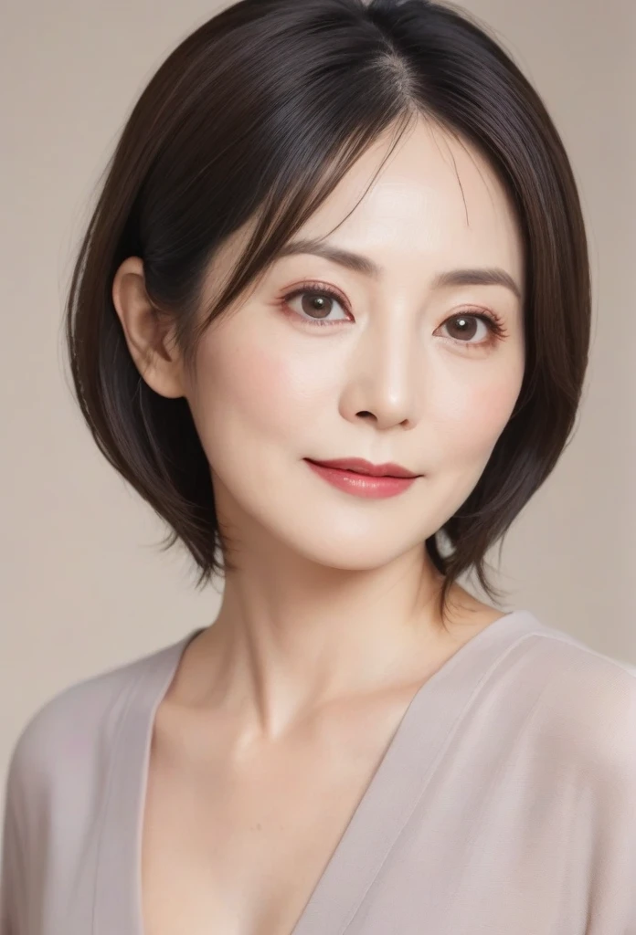 High resolution, Shortcuts, Mature Woman,((Center Parting)),50-year-old women,masterpiece, Highest quality, Ultra high definition, Textured skin, Droopy eyes,Thin lips,black eye,((Mole under left lip)),Thin eyebrows,Thin eyebrows,Japan female in her 60s,Narrow forehead,((Too thin,Too thin eyebrows))