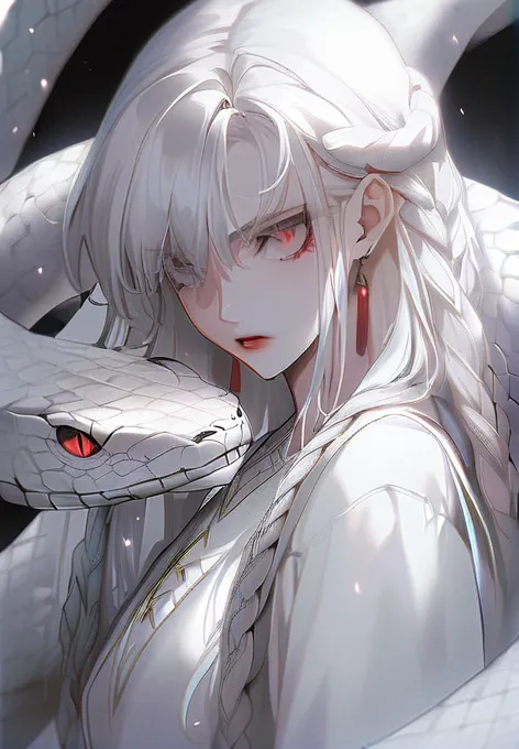 anime girl with white hair and red eyes holding a snake, girl with bright red eyes, bright red eyes and a slit pupil, girl with ...