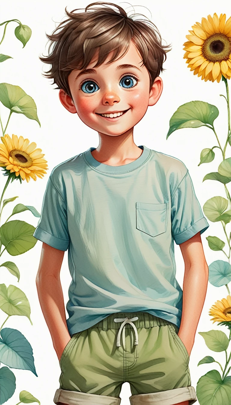 Design a full-body illustration of a  with a round face and big, expressive eyes. He has short hair. He is wearing simple, comfortable clothing, such as a soft T-shirt and cozy shorts in gentle colors like soft blue or green. He is also wearing comfortable sneakers that match his outfit.  The boy has a bright, cheerful smile, showcasing a carefree and happy demeanor. The overall style should be whimsical and charming. white background