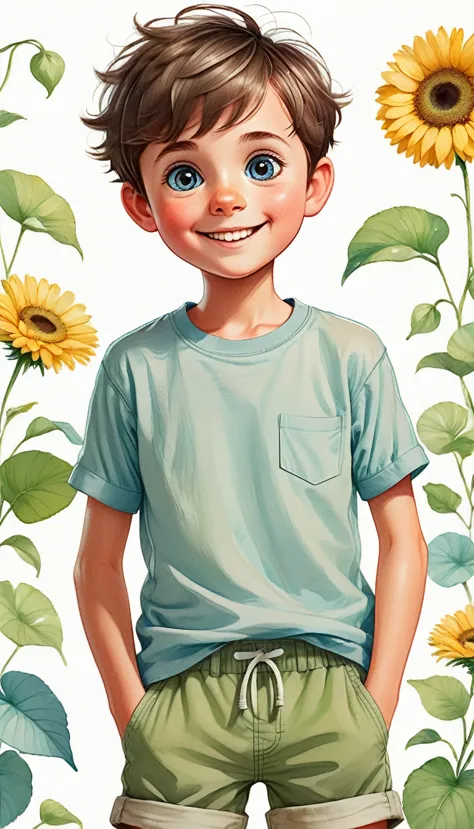 design a full-body illustration of a  with a round face and big, expressive eyes. he has short hair. he is wearing simple, comfo...