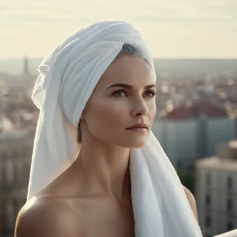 cinematic film still of bright light, bright, a woman with a white towel on her head high-key lighting style, 1girl, solo,long h...