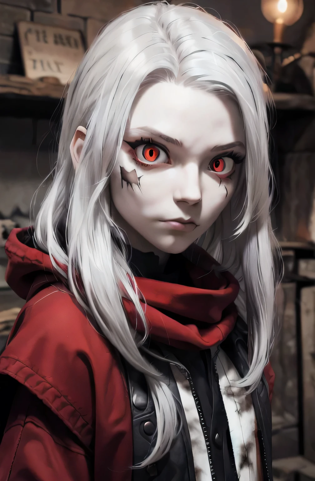 Masterpiece, best quality, 8k, dark lighting , dramatic shadows, cowboy shot, 1girl, (((colorless skin, white skin))), pale lips, ((((white hair)))), solo, (very long hair, matted hair, straight hair, messy hair, tangled hair), expressive eyes, large eyes, (( gaunt cheeks, pronounced cheek bones, undead, malnourished )), (((red eyes, snake eyes))), looking at viewer, black leather vest, red hair streaks, dark scene, upper body, small breasts, albino,(mature female, eye wrinkles, red eyeliner), ((ragged clothes, long sleeve , torn clothes, dark gray clothes, red wool scarf, fur lined hood, hood around shoulder, wearing rags, red wool cloak)), ((dirty clothes)), black leather shirt, red metal choker necklace , dark catacombs 