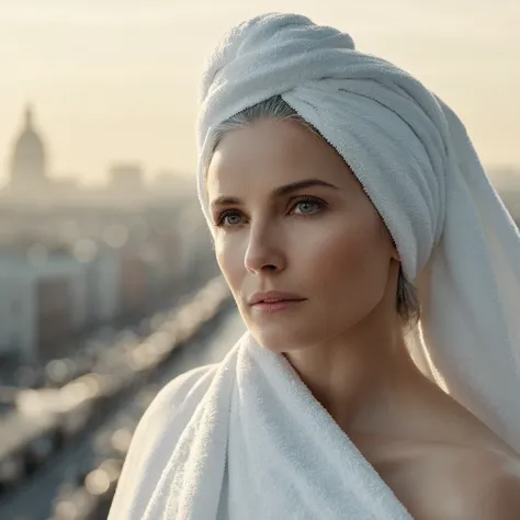 cinematic film still of bright light, bright, a woman with a white towel on her head high-key lighting style, 1girl, solo,long h...