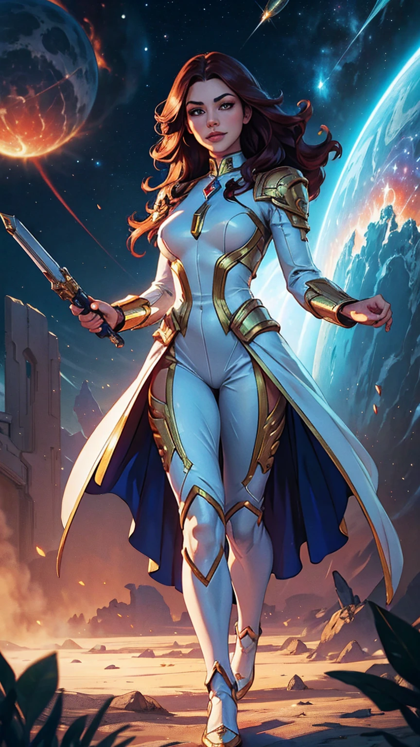 ((Full-length photo, standing, feet on the ground)) Highly detailed RAW color photo, beautiful young woman, smile at you, long red wavy hair, white and green space ranger costume, running dynamic pose, (detailed skin), (detailed lips), (detailed eyes), (cosmic: 1.4), (necropolis: 1.1), (science fiction setting) (detailed face), (athletic), detailed eyes, space scene with planets and burning sun, chromatic aberration, depth of field, soft lighting, masterpiece, best quality, intricate, (lens reflection: 0.7), (flowering: 0.7), particle effects, ray tracing, tone mapping, highly detailed, concept art, smooth, sharp focus, dramatic lighting, highly detailed art, cinematic, hyper-realistic painting, trending on Artstation, 8K, amazing shadows, realistic, (highly detailed background: 1.2), mid-journey art