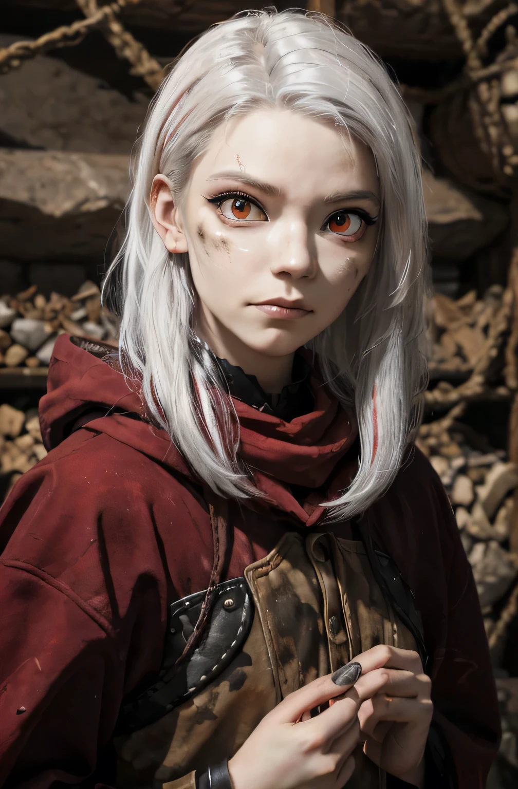 Masterpiece, best quality, 8k, dark lighting , dramatic shadows, cowboy shot, 1girl, (((colorless skin, white skin))), pale lips, ((((white hair)))), solo, (very long hair, matted hair, straight hair, messy hair, tangled hair), expressive eyes, large eyes, (( gaunt cheeks, pronounced cheek bones, undead, malnourished )), (((red eyes, snake eyes))), looking at viewer, black leather vest, red hair streaks, dark scene, upper body, small breasts, albino,(mature female, eye wrinkles, red eyeliner), ((ragged clothes, long sleeve , torn clothes, dark gray clothes, red wool scarf, fur lined hood, hood around shoulder, wearing rags, red wool cloak)), ((dirty clothes)), black leather shirt, red metal choker necklace , dark cavern 