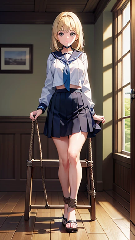 (Highly detailed CG Unity 8k), (best quality)，(Very detailed)，(Ultra-high resolution), 1 female, White cloth gag, , Sailor Suit, Rope bondage, breasts Rope bondage, hands back rope, leg rope, Thigh Rope, bust rope, feet rope, Put your arms behind your hips, The wrists are tied, Tie your ankles, Cover your mouth with a white cloth, Dark blue skirt, The rocking horse is too high，My feet can&#39;Unable to reach.., (His feet are on the rocking horse:1.4), Crying face, Stock Quotes, (Black Hair:1.4),Sailor Suit、Pleated Mini Skirt)、1 girl，Gloomy cells，All over the ground刑具，Bloody torture instruments，All over the ground血污，All over the ground，4 naked men，The girl was naked，Teenage nude，The girl was拘束吊起，，，Girl with injuries，Wailing in pain，The girl wasrape，The girl was，Multiple people had violent sex with a young girl，Violent sexual behavior，Deep throat，，（（Full set））、（：1.6），rape，Clothes are torn