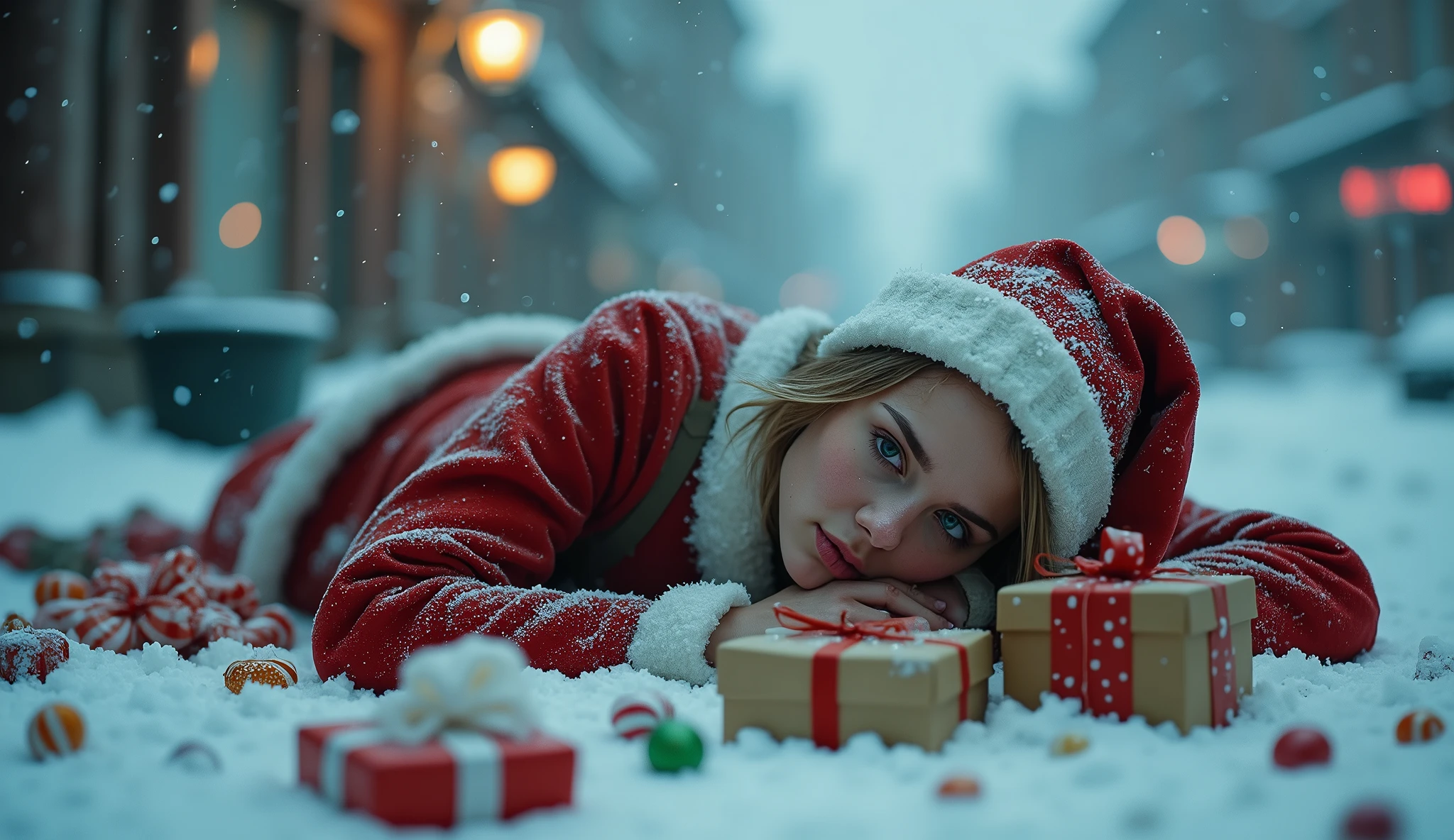 ((very sharp photo result, hyper realistic photo)) (((Best Quality))), (((masterpiece))), (((Ultra-detailed CG))),(((magical ))) cinematic look, desaturated film color, soft grain, heavy snow fall on foreground, on the evening heavy winter scenery at the big city, there are old & tired freezing pretty girl with santa claus mini clothes lying on the snow, tired gesture, with faded clothes, her face is so expressive, theres big bag of gifts & candy fall & scattered beside her,