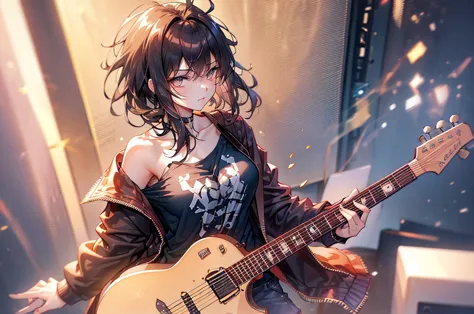 black hair, hair over shoulder, messy hair, masterpiece, (textured skin), best quality, gorgeous adult woman, (rock band guitari...