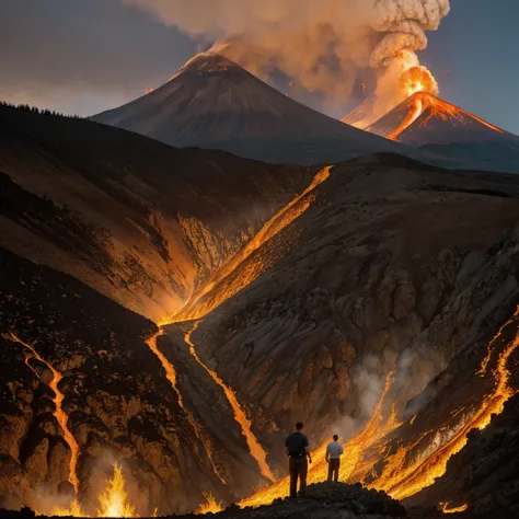 the scene is set at the base of a volcano in full eruption., with rivers of burning lava flowing down the slopes and ash darkeni...