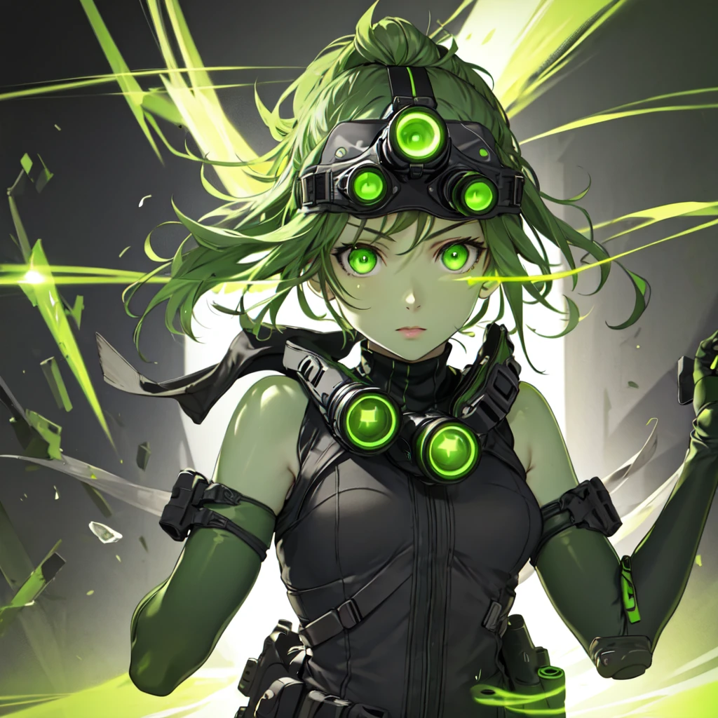 nvg, goggles on head, green eyes, glowing, glowing eyes, simple background, 1 girl, solo, ((upper body, face and shoulder portait)),  