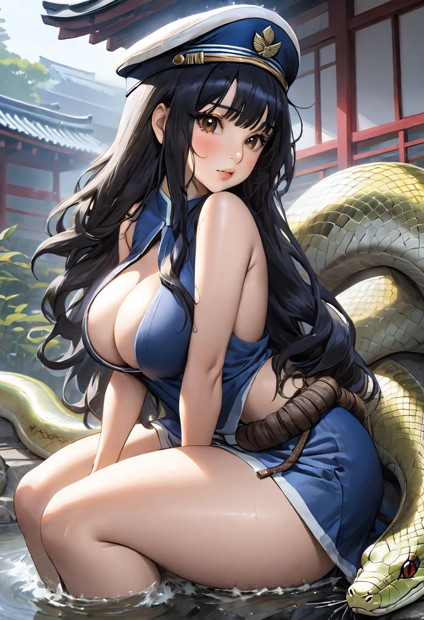 (high quality, masterpiece), One Japanese girl, Kneel, She placed her left hand on her crotch., Put your right thumb in your mouth, Large Breasts, Covered in sweat, A beautiful face seen from the side, Brown eyes, Open your mouth wide, Long black hair, A midnight blue military cap with a snake&#39;s head badge in the center, Short military-style bolero in midnight blue python leather（Long sleeve）, White crop top shirt with thin red tie, Exposing the skin around the navel, Low-waist belted shorts in midnight blue leather, Python print stockings that cover the whole leg, Midnight blue enamel short boots, In a dimly lit abandoned hospital