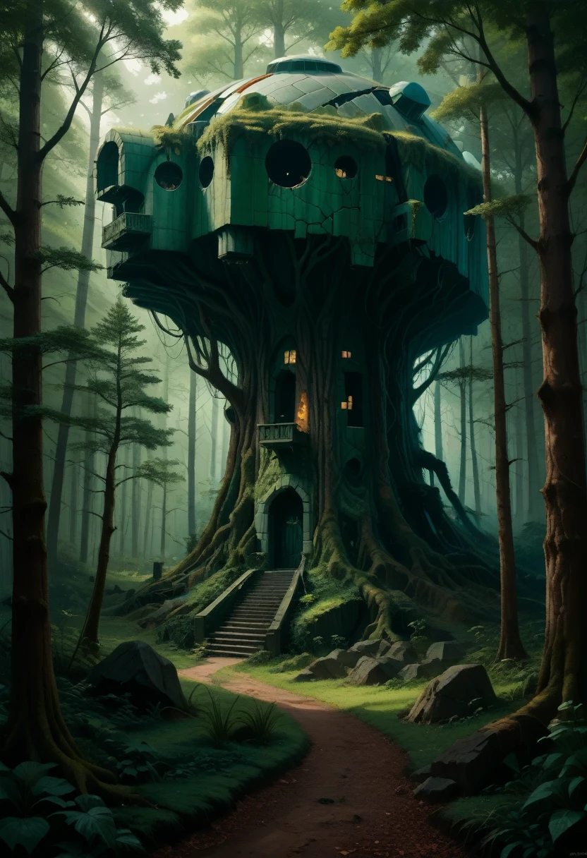 cyberpunk, Broken, There is a dense primeval forest here with many old photographs of houses built., cyberpunk, Broken, there are a lot of stones here, Green lush forest background, thick wood background, big meadow, arena background, game background, exaggerated forest background, cartoon style