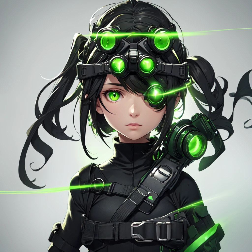 nvg, goggles on head, green eyes, glowing, glowing eyes, simple background, 1 woman, solo, ((upper body, face and shoulder portait)),  