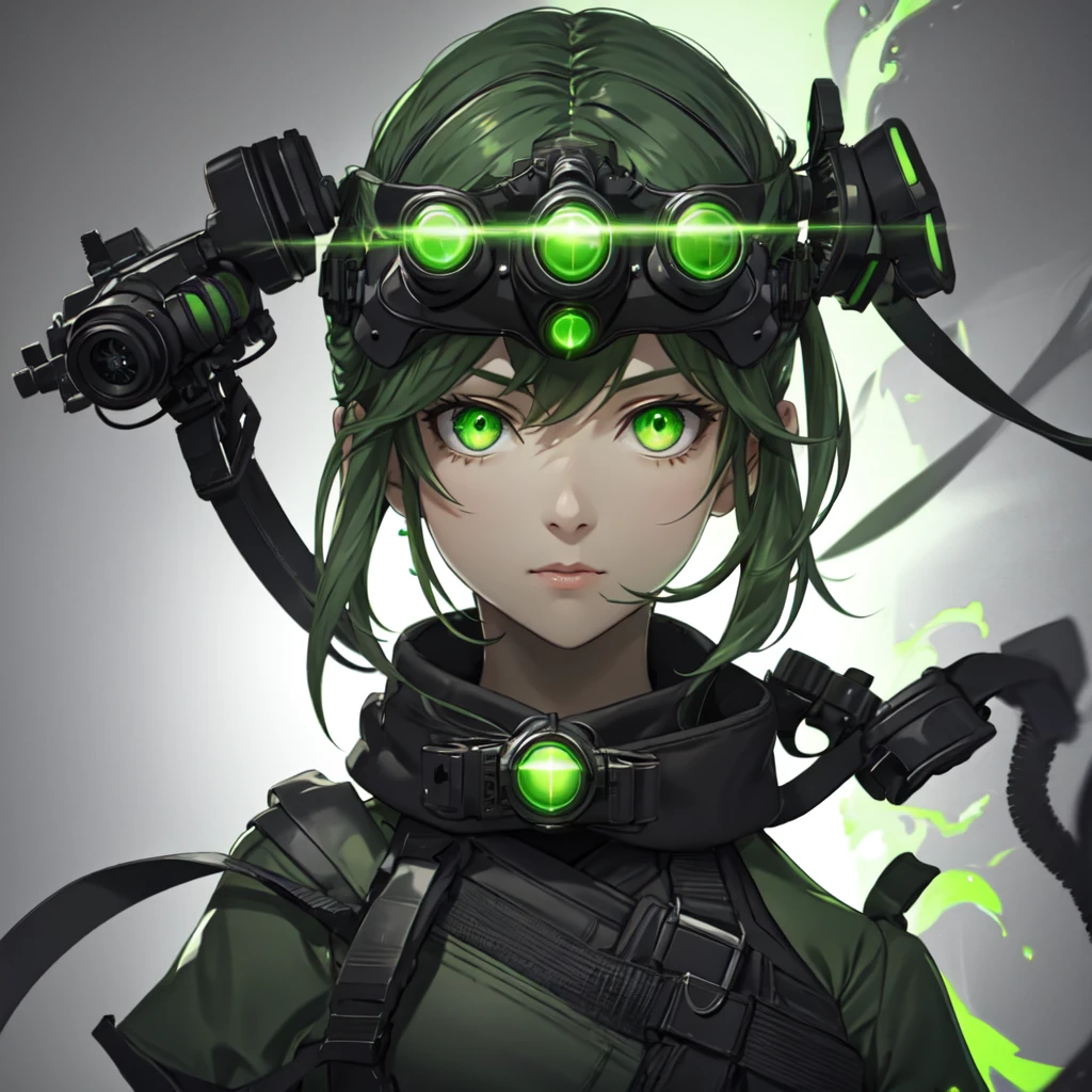 nvg, goggles on head, green eyes, glowing, glowing eyes, simple background, 1 woman, solo, ((upper body, face and shoulder portait)),  