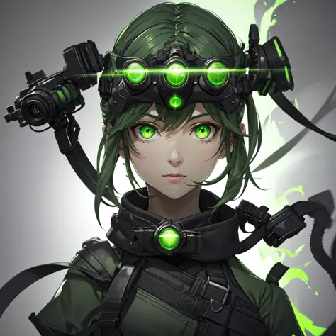 nvg, goggles on head, green eyes, glowing, glowing eyes, simple background, 1 woman, solo, ((upper body, face and shoulder porta...