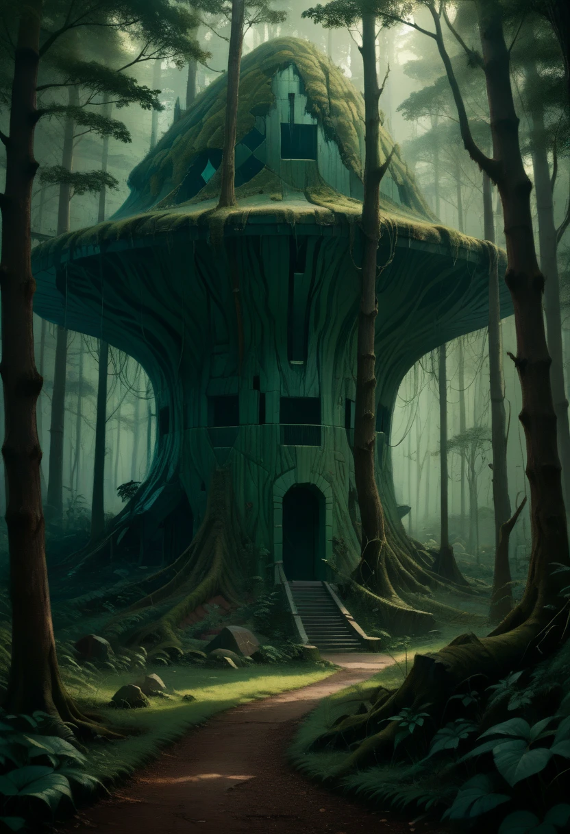 cyberpunk, Broken, There is a dense primeval forest here with many old photographs of houses built., cyberpunk, Broken, there are a lot of stones here, Green lush forest background, thick wood background, big meadow, arena background, game background, exaggerated forest background, cartoon style