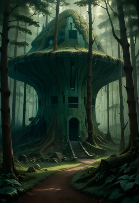 cyberpunk, broken, there is a dense primeval forest here with many old photographs of houses built., cyberpunk, broken, there ar...