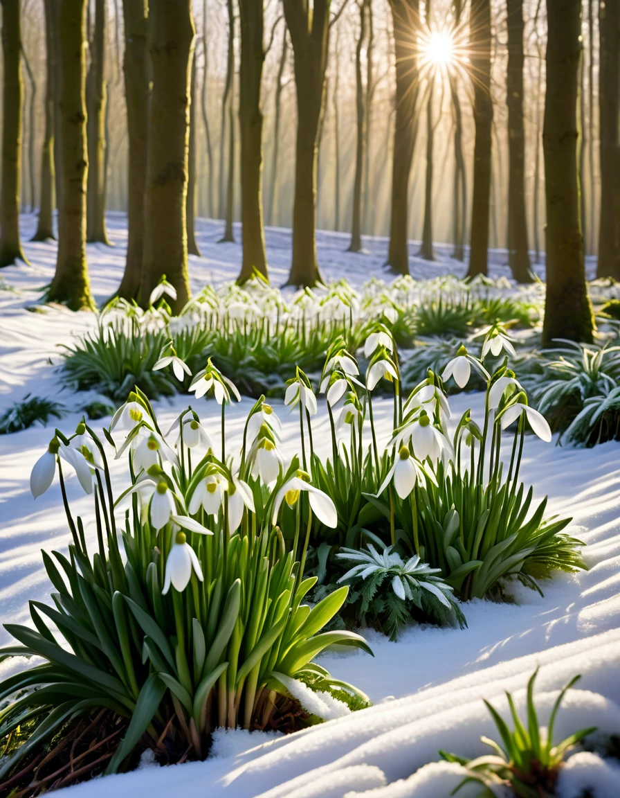 large Galanthus nivalis in the foreground, a stunning verdant forest from Romania, rays of sunlight streaming through the branches of the trees, evening light, some snow and Galanthus nivalis in the foreground, correct use of light shadow, breathtaking stunning, maximum beauty, blurred image border on white background