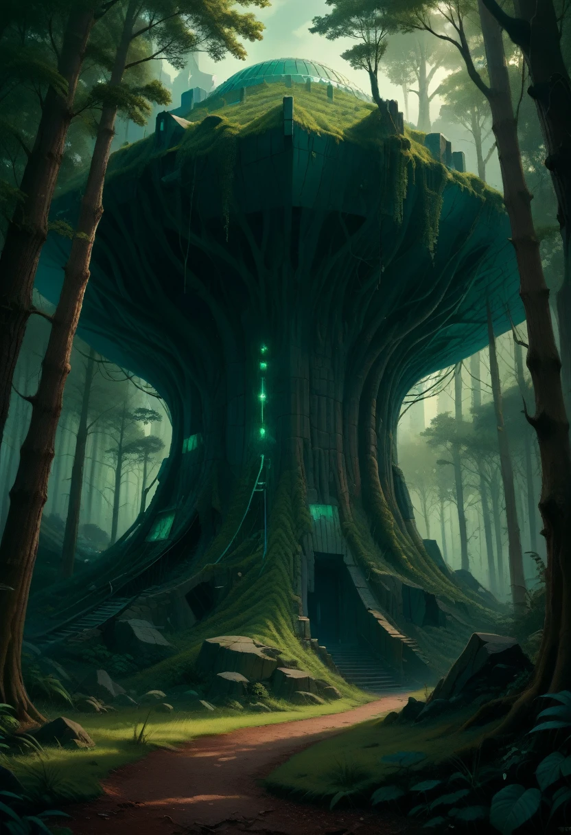 cyberpunk, Broken, There is a dense primeval forest here with many old photographs of houses built., cyberpunk, Broken, there are a lot of stones here, Green lush forest background, thick wood background, big meadow, arena background, game background, exaggerated forest background, cartoon style