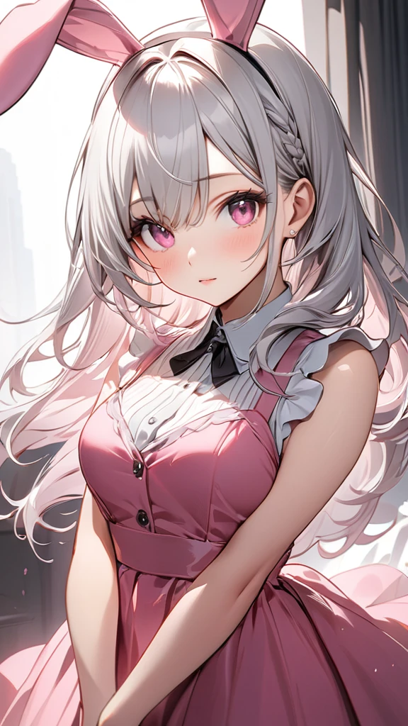 (masterpiece, Highest quality:1.2), Silver Hair,Pink dress,Pink eyes,Bunny ears,one person, one personで,Mid length, girl&#39; I'm in love with you, Dynamic Random Shot, Attractive cleavage, elastic thighs, ARW,whole body,front,Gaze, 