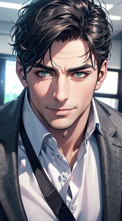 (best quality,4k,8k,highres,masterpiece:1.2),ultra-detailed,(realistic,photorealistic,photo-realistic:1.37),1 man,3,mature man,very handsome,without expression,smile,short grey black hair,green eyes,penetrating gaze,perfect face without errors,imposing posture,businessman,office background,cinematic lighting,hdr image