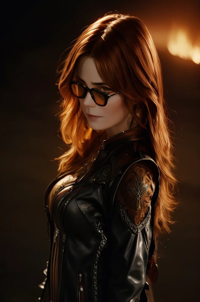 A adult girl in realistic portrait of high quality and detail, redhead girl, medium breast, movie style, She is wearing a black leather motorcycle jacket, leather trousers and red rectangular glasses, She's standing in the street. Mexico city on background, Mavuika from Genshin Impact, fine face, dark fantasy, ashes fall from the sky, flame aura from her, dark and mysterious atmosphere, looking at viewer, (ultra-high detail:1.2), Masterpiece, Best Quality, Ultra-detailed, Cinematic lighting, 8K, delicate features, cinematic, 35 mm lens, f/1.9, highlight lighting, global lighting –uplight –v 4, cinematic, intense gaze, Cinematic lighting, 8K, high quality, Highest Quality, (Solo Focus), (extremly intricate:1.3), (Realistic), dramatic, masterful, Analog style, (Film grain:1.5), (warm hue, cold tone), a close up of a person surrounded, destruction behind back