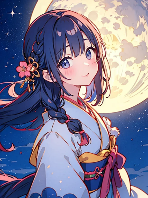 Girl with braided black hair、Twelve-layered kimono、A big moon in the night sky、Looking up at the moon
