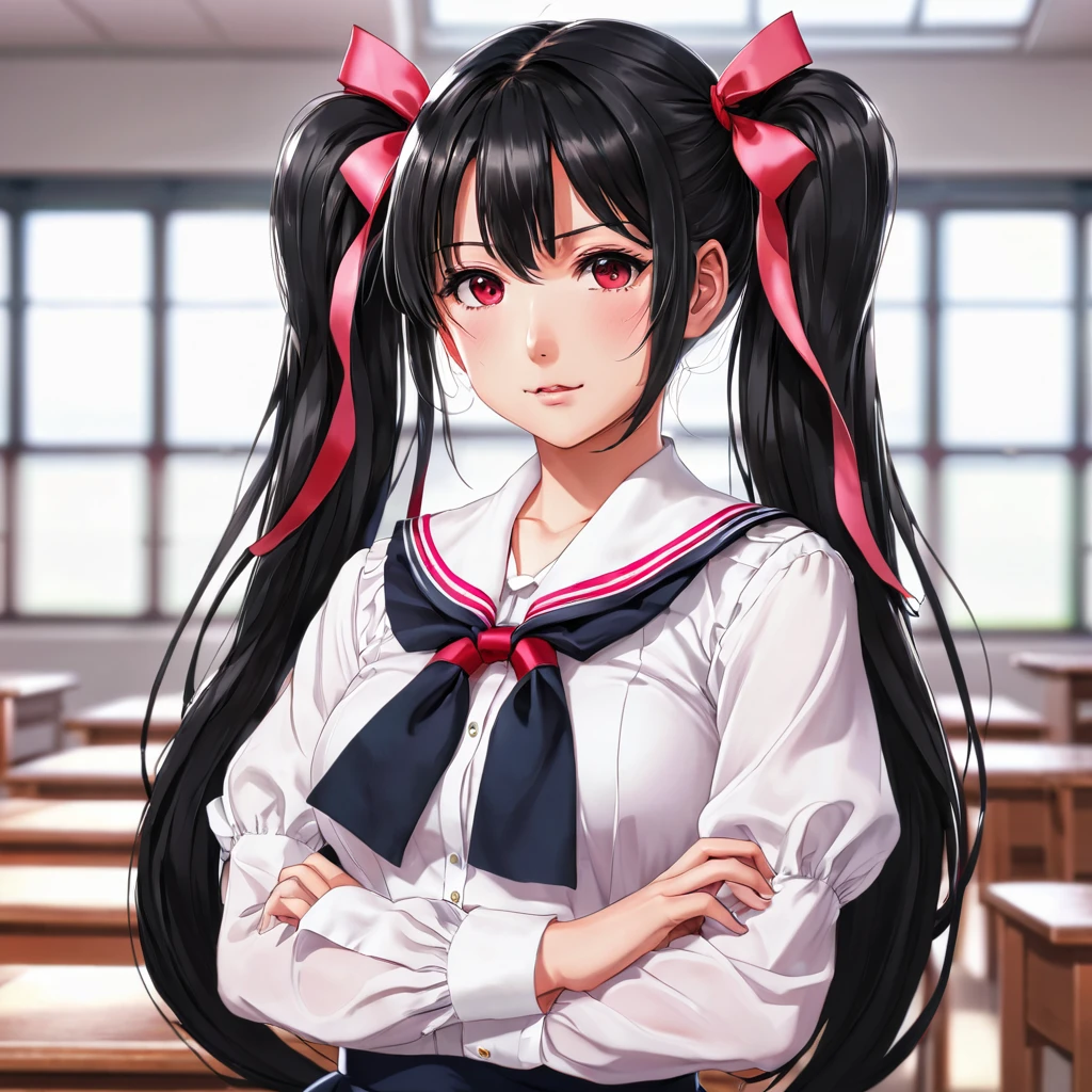 (High resolution, 8k, best quality, masterpiece, ultra detailed), anatomically correct, anime, 1girl, very long low twintails, red ribbon, very long low pigtails, black hair, serafuku, black sailor collar, white blouse, pink neckerchief, school, from front