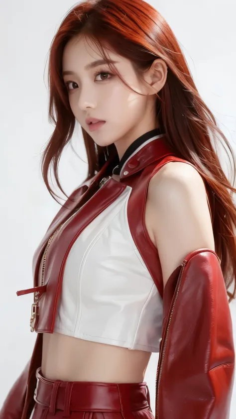 k-pop idol introduction photo. white background. red hair, leather clothes