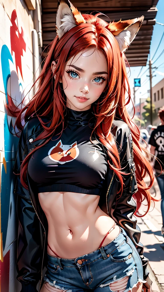 A cute fox girl with blue eyes, long red hair, Fox ears and a fox tail. She has a cheerful, love very much, friendly and happy character. She wears a cool, modernes Outfit, that fits perfectly with a wall with graffiti. Her outfit consists of a trendy crop top, ripped jeans and stylish sneakers. In the background there is a colourful, detailed graffiti wall, which have an urban, gives an artistic look. The image should be highly detailed, with HDR and Ultra 8K resolution, about the textures of clothing, to accurately portray her cheerful charisma and the details of the graffiti.


