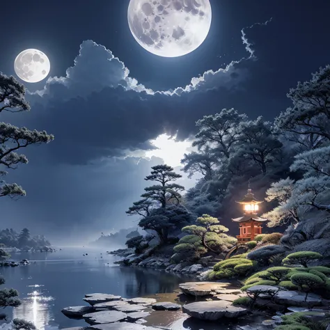 moshan,(japanese_garden:1.2), (bridge:1.2), (midnight:1.3), (fullmoon:1.3),