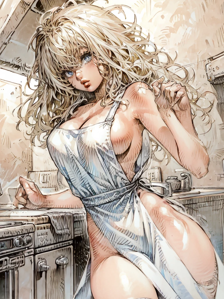 ((masterpiece,highest quality, be familiar with)),
Serb、20yr old、femele、eyes large、a blond、lips pink、Big、tall、Model body type、Beautuful Women、white  clothes、Background kitchen、NAKED Apron
