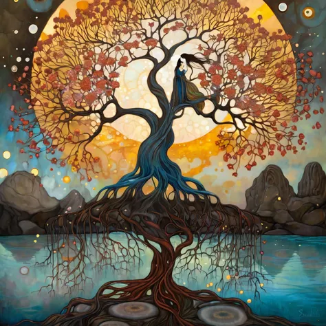 oil and acrylic painting. in the style of meghan duncanson, andy kehoe and tom bagshaw, klimt. yggdrasill tree on a tuff promont...