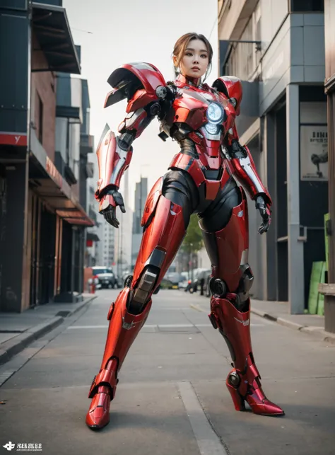 หญิงสาวเกาหลีที่beautifulงาม, black and red iron man suit,((robot)), full metal armor, mechanism textured skin, superb details, ...