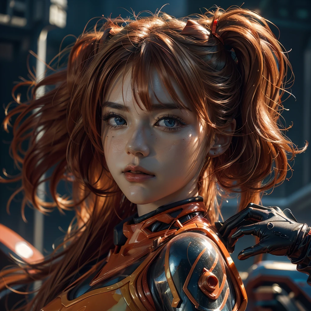 Asuka Langley Shikinami, beautiful detailed eyes, beautiful detailed lips, extremely detailed eyes and face, long eyelashes, girl in a transparent plug suit, view from behind, flowing red hair, dynamic pose, realistic, photorealistic, photo-realistic:1.37, (best quality,4k,8k,highres,masterpiece:1.2),ultra-detailed,(realistic,photorealistic,photo-realistic:1.37),concept art, cinematic lighting, dramatic colors, vibrant neon colors, glowing futuristic details