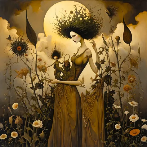 painting in the style of aesthetic surrealism, combination of technique, palette, styles of leonora carrington, michael parkes, ...