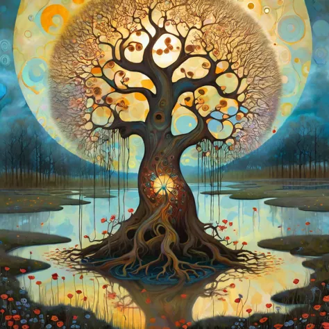 oil and acrylic painting. in the style of meghan duncanson, andy kehoe and tom bagshaw, klimt. yggdrasill treein the center of a...