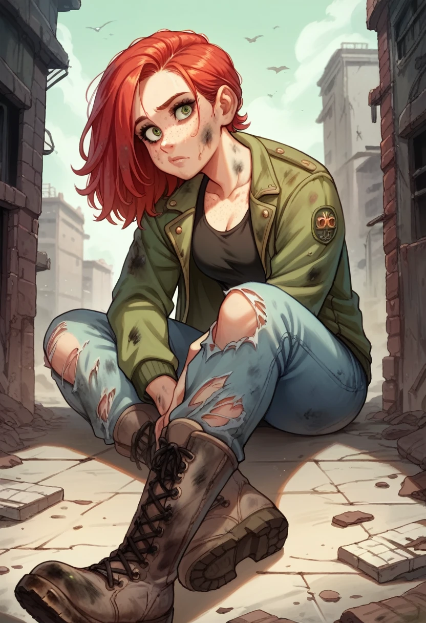 One girl, red hair, eyelashes, freckles, dirty, detailed face, beautiful face, black tank-top, ripped clothes, green bomber jacket, grey jeans, military boots, background: abandoned building