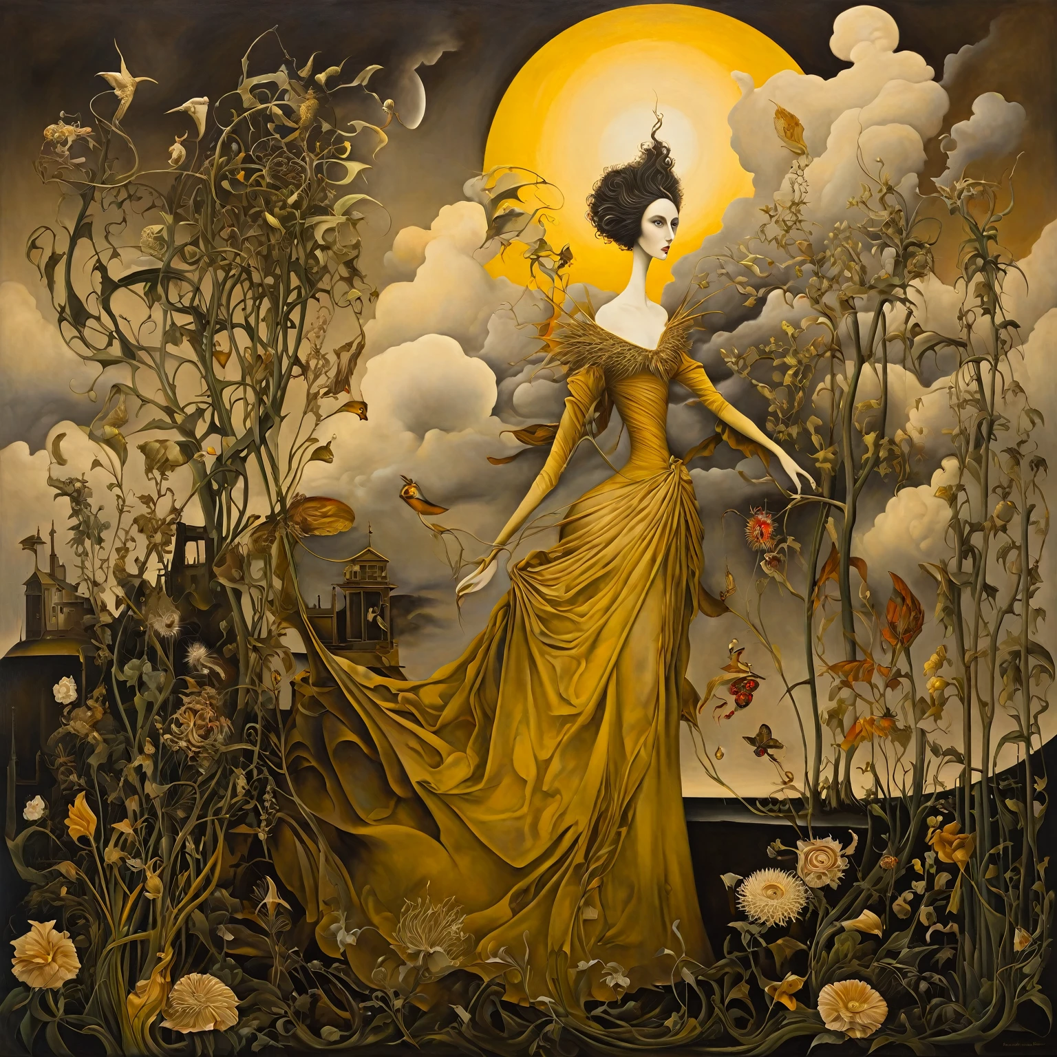 painting in the style of aesthetic surrealism, combination of technique, palette, styles of Leonora Carrington, Michael Parkes, Aubrey Beardsley, Dave McKean, surrealist scene Mother Nature in a dress made of plants, flowers, bright light, aesthetic, beautiful, soft lighting, wide angle lens, fluffy clouds. Aesthetic surrealism, oil painting, golden sepia, green outline of canvas details, bizarre contrast, intricate details, Surreal & Vibrant geometric shapes, primary colors, intersecting lines, balanced composition, mysterious atmosphere, enigmatic expression, intricate patterns, surreal elements, oil painting technique, meticulous brushwork, dynamic movement, symbolic train departure, surrealistic twist, fusion of styles, masterful execution